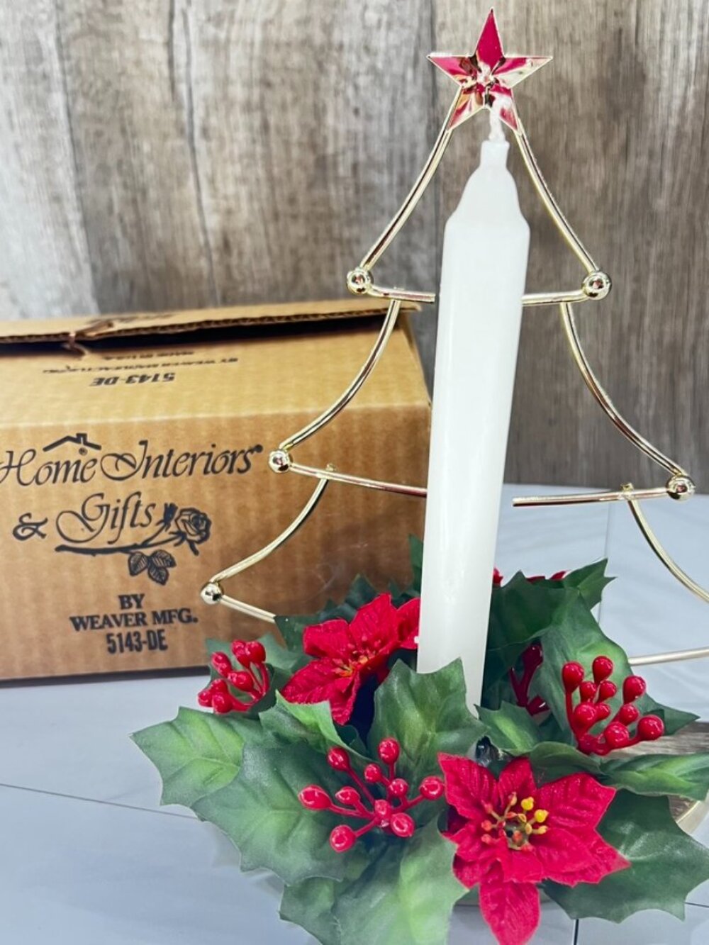 NEW Vtg Homco Home Interiors Gold-Tone Metal 9" Christmas Tree Candle Holder